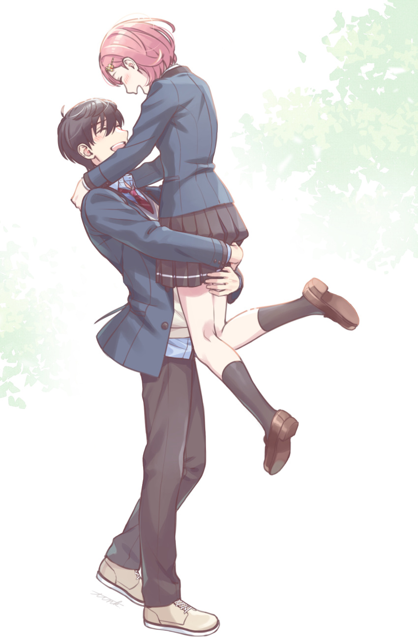 1boy ^_^ black_hair black_legwear black_pants black_skirt blazer blue_jacket blush bob_cut brown_footwear carrying carrying_person closed_eyes collared_shirt cross-laced_footwear dress_shirt female flower full_body habataki_academy_school_uniform hair_between_eyes hair_ornament hairclip highres jacket kazama_ryouta kneehighs loafers long_sleeves necktie open_clothes open_jacket open_mouth outstretched_arms pants protagonist_(tokimemo_gs4) red_necktie school_uniform shirt shoe_soles shoes short_hair skirt sneakers socks standing straight sweater_vest tokimeki_memorial tokimeki_memorial_girl's_side_4th_heart ttnk_gc19 unbuttoned untucked_shirt white_background white_shirt yellow_flower