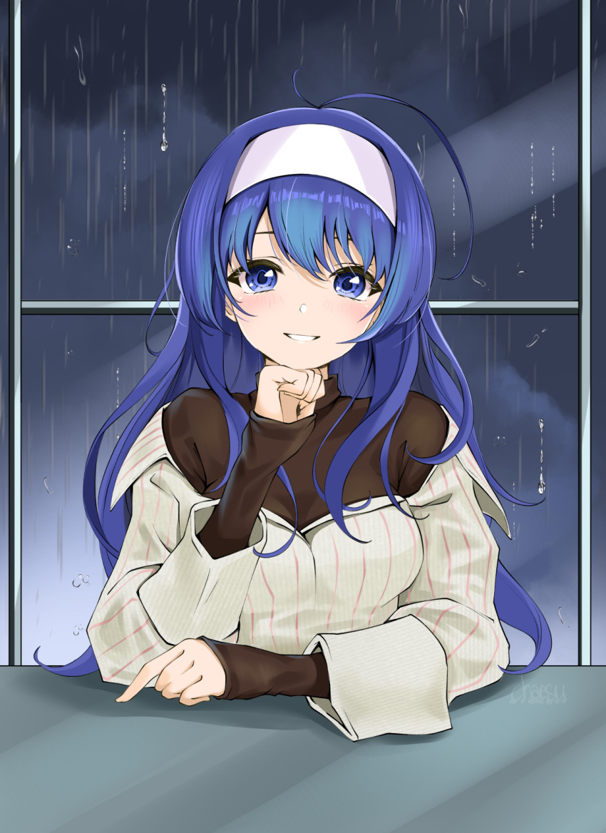 ahoge black_sweater blue_eyes blue_hair blush breasts casual chaesu chin_rest female hairband highres huge_ahoge indoors long_hair looking_at_viewer medium_breasts orie_(under_night_in-birth) overshirt rain sitting sleeves_past_wrists smile solo sweater turtleneck turtleneck_sweater under_night_in-birth white_hairband window wrist_cuffs