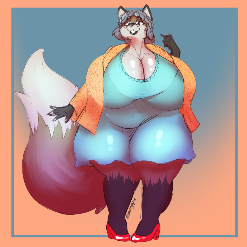 1:1 absurd_res anthro avoid_posting big_breasts bra breasts canid canine cleavage clothed clothing digital_media_(artwork) eyewear female fox fur glasses hair hi_res huge_breasts lipstick looking_at_viewer makeup mammal mature_anthro mature_female obese obese_anthro overweight overweight_anthro overweight_female simple_background smile smuttysquid solo thick_thighs underwear