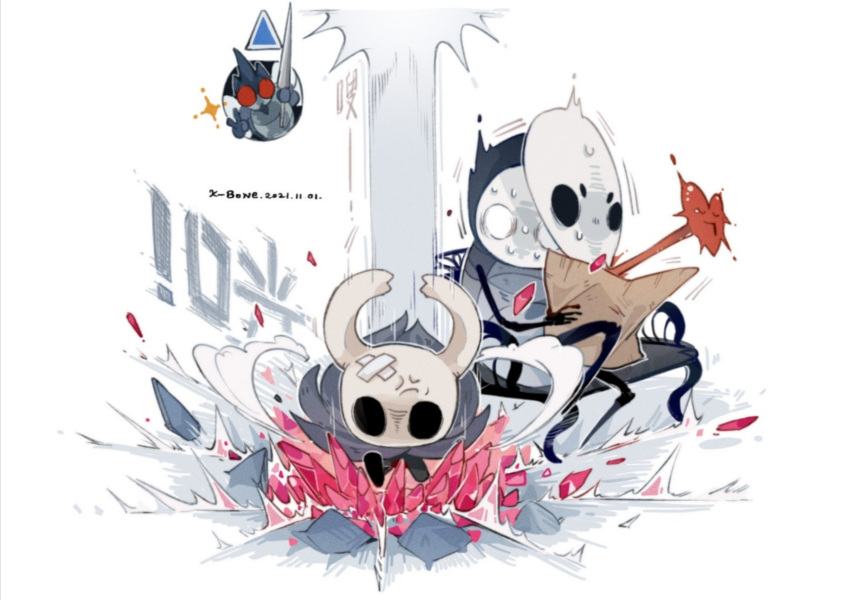 1boy 1other anger_vein arrow_(symbol) artist_name bandaid bandaid_on_head bench crushing crystal dated heart heart_out_of_chest highres holding holding_paper hollow_eyes hollow_knight k-bone knight_(hollow_knight) mask nail_(hollow_knight) paper quirrel simple_background sitting sparkle sweat v white_background