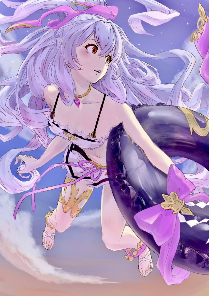 absurdres bikini bow collarbone eyelashes female floating frilled_innertube gold_necklace hairbow highres holding holding_swim_ring innertube jewelry long_hair medusa_(shingeki_no_bahamut) medusa_(summer)_(granblue_fantasy) navel necklace open_mouth osome_tei pink_bow pink_gemstone purple_hair purple_innertube red_eyes sandals shingeki_no_bahamut solo swim_ring swimsuit teeth toenails upper_teeth_only very_long_hair white_bikini white_footwear