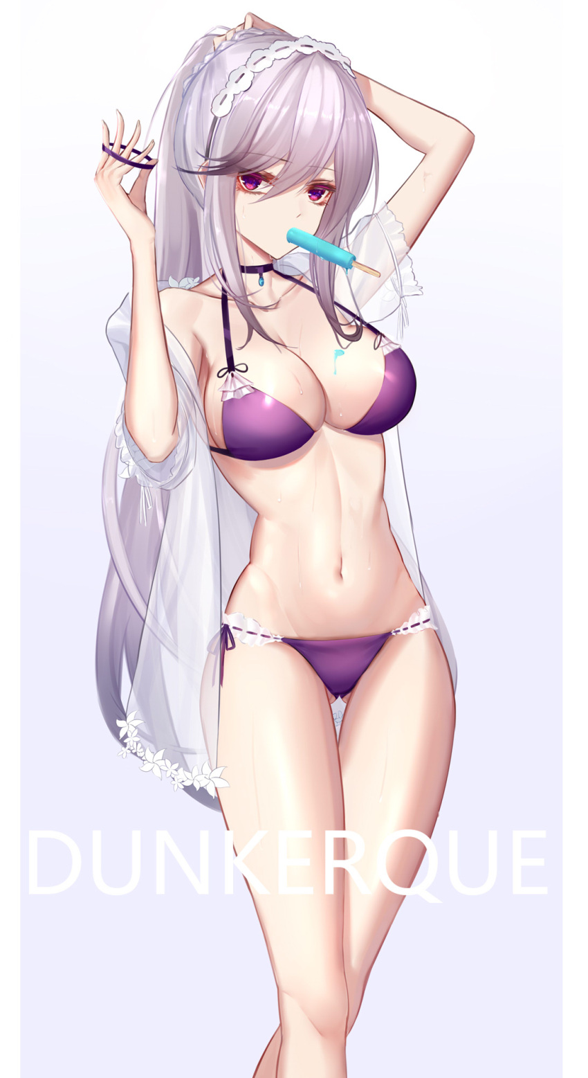 azur_lane bare_shoulders bikini breasts character_name chinese_commentary cleavage collarbone commentary_request dunkerque_(azur_lane) dunkerque_(summer_sucre)_(azur_lane) eternity_(shadeh) female food grey_hair hairband hand_in_own_hair highres ice_cream long_hair looking_at_viewer medium_breasts navel official_alternate_costume partial_commentary ponytail purple_bikini purple_eyes solo standing swimsuit white_background