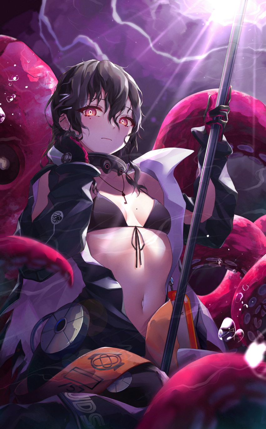 absurdres bikini bikini_top_only black_bikini breasts brown_hair bubble cleavage collar diving_suit dry_suit ear_piercing english_commentary female girls'_frontline girls'_frontline_neural_cloud hair_between_eyes hatsuchiri_(neural_cloud) highres holding holding_weapon jewelry key key_necklace long_hair looking_at_viewer metal_collar mole mole_on_breast mole_under_eye navel necklace open_wetsuit piercing polearm red_eyes small_breasts solo stomach swimsuit tentacle upper_body van.elv weapon wet wet_hair