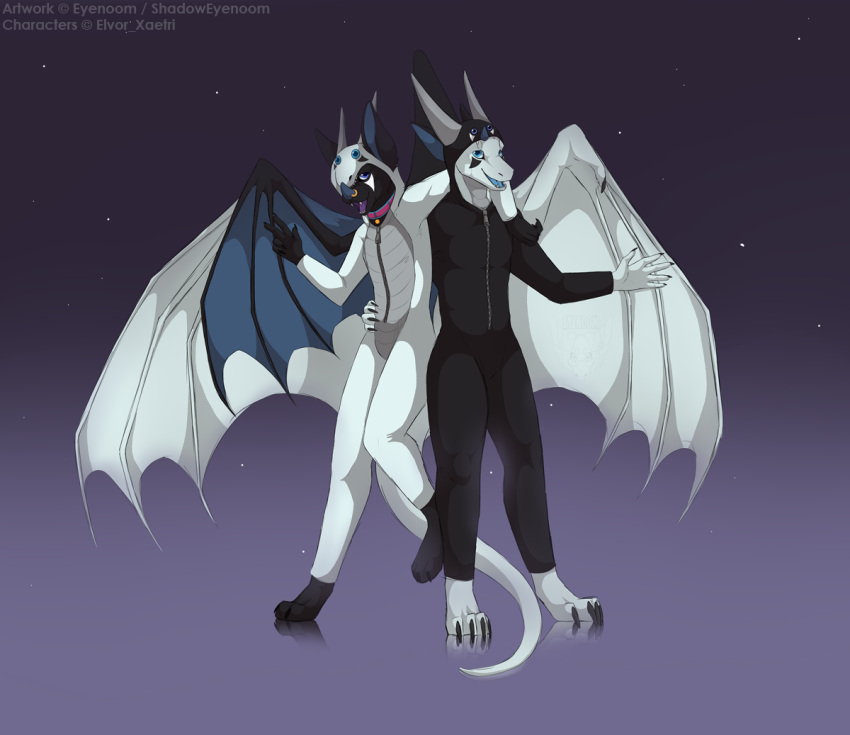 anthro bat batsy(elvor_xaetri) clothing dragon duo elvor_xaetri facial_piercing kigurumi male male/male mammal mythological_creature mythological_scalie mythology nose_piercing onesie piercing scalie shadoweyenoom simple_background tail