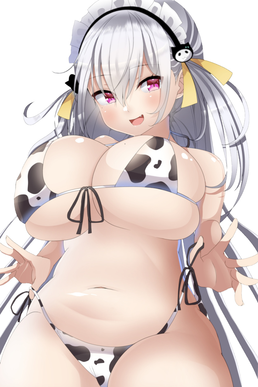 animal_print bad_id bad_pixiv_id bikini breasts chinese_zodiac cow_print cow_print_bikini female front-tie_bikini_top front-tie_top grey_hair hair_between_eyes hair_ornament highres hourei_tenten huge_breasts indie_virtual_youtuber long_hair looking_at_viewer maid_headdress mole mole_on_breast navel oerba_yun_fang open_mouth pink_eyes print_bikini side-tie_bikini_bottom simple_background smile solo swimsuit takimoto_yukari virtual_youtuber white_background white_bikini year_of_the_ox