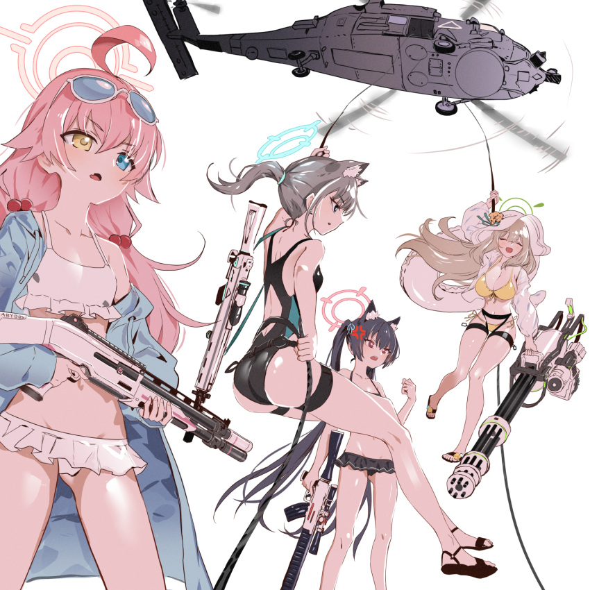 4girls ahoge aircraft animal_ears ass assault_rifle benelli_m1 beretta_1301 beretta_ar70/90 bikini bikini_skirt black_bikini black_hair blue_archive blue_eyes breasts cat_ears closed_eyes collarbone competition_swimsuit extra_ears eyewear_on_head frilled_bikini frills gatling_gun gun hair_ornament halo hat helicopter highres holding holding_gun holding_weapon hoshino_(blue_archive) hoshino_(swimsuit)_(blue_archive) large_breasts light_brown_hair long_hair m134_minigun medium_hair messy_hair minigun multiple_girls navel nonomi_(blue_archive) nonomi_(swimsuit)_(blue_archive) official_alternate_costume one-piece_swimsuit open_mouth pink_hair ponytail rappelling red_eyes revision rifle ryoma_(rym_369) sandals serika_(blue_archive) serika_(swimsuit)_(blue_archive) sh-60_seahawk shiroko_(blue_archive) shiroko_(swimsuit)_(blue_archive) shotgun sig_556 sig_sauer simple_background small_breasts smile sun_hat sunglasses swimsuit twintails very_long_hair weapon white_background white_bikini wolf_ears yellow_bikini yellow_eyes