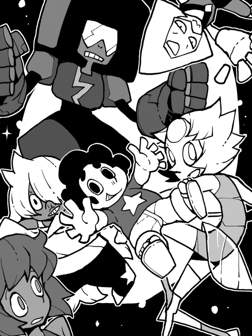 1boy 5girls :3 afro amethyst_(steven_universe) clenched_teeth commentary dowman_sayman forehead_jewel garnet_(steven_universe) gauntlets greyscale hair_over_one_eye highres lapis_lazuli_(steven_universe) looking_at_viewer monochrome multiple_girls open_mouth pearl_(steven_universe) peridot_(steven_universe) sandals star_(symbol) star_print steven_quartz_universe steven_universe sunglasses teeth visor