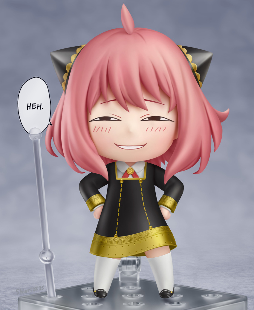 absurdres ahoge anya's_heh_face_(meme) anya_(spy_x_family) chibi eden_academy_school_uniform eyebrows faux_figurine female full_body hairpods half-closed_eyes hands_on_own_hips highres kneehighs lolicon long_sleeves looking_at_viewer meme nendoroid parted_lips pink_hair school_uniform shiori2525 short_hair smile smug socks solo speech_bubble spy_x_family white_socks