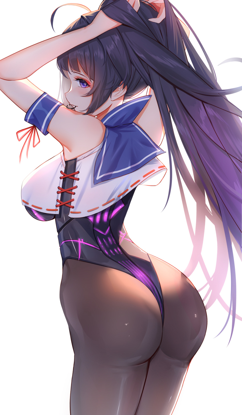 absurdres ahoge ass benghuai_xueyuan black_pantyhose blue_eyes breasts eyeshadow female hair_between_eyes hair_ornament highres holding holding_hair_ornament honkai_(series) honkai_impact_3rd leotard long_hair looking_at_viewer makeup mouth_hold pantyhose purple_hair raiden_mei solo very_long_hair wu_ganlan_cai