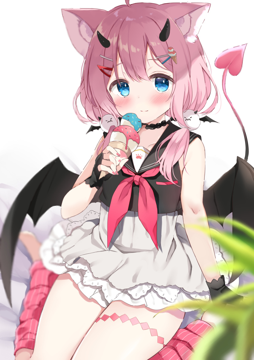 absurdres ahoge animal_ear_fluff animal_ears bare_shoulders bed_sheet black_gloves black_sailor_collar black_shirt black_wings blue_eyes blurry blurry_foreground blush closed_mouth collarbone commentary_request commission demon_girl demon_horns demon_tail demon_wings depth_of_field double_scoop female fingerless_gloves food gloves high-waist_skirt highres holding holding_food horns ice_cream ice_cream_cone indie_virtual_youtuber kujou_danbo leg_warmers looking_at_viewer low_twintails nail_polish neckerchief pink_hair pink_legwear pink_nails pixiv_commission red_neckerchief sailor_collar sakurada_hane shirt short_twintails sitting skirt sleeveless sleeveless_shirt smile socks solo striped_clothes striped_socks tail twintails vertical-striped_clothes vertical-striped_socks virtual_youtuber wariza white_background white_skirt wings