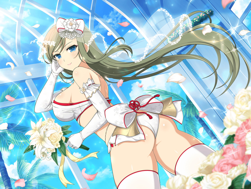 arch ass blue_eyes blue_sky blush bouquet bow bra breasts bridal_legwear bridal_lingerie cloud day elbow_gloves female flower from_behind fuga_(senran_kagura) gloves green_hair hair_ornament highres holding holding_bouquet large_breasts lingerie long_hair looking_at_viewer mole mole_under_eye official_alternate_costume official_art palm_leaf palm_tree panties pink_flower red_trim senran_kagura senran_kagura_new_link senran_kagura_new_wave shoulder_blades sideboob sky smile solo thighhighs tree underwear white_bow white_flower window yaegashi_nan