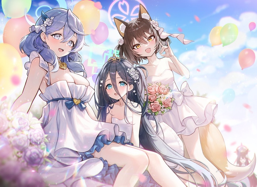 3girls :d absurdly_long_hair ako_(blue_archive) alternate_costume animal_ear_fluff animal_ears aris_(blue_archive) balloon bare_shoulders black_hair blue_archive blue_eyes blue_hair blue_sky blurry bouquet breasts cleavage cloud cloudy_sky collarbone commentary confetti depth_of_field dress earrings flower fox_ears fox_girl fox_shadow_puppet fox_tail frilled_dress frills hair_between_eyes hair_flower hair_ornament halo heart-shaped_lock izuna_(blue_archive) jewelry long_hair looking_at_viewer medium_hair multiple_girls necklock one_side_up outdoors picter pink_halo rose sidelocks sitting sky sleeveless smile strapless strapless_dress symbol-only_commentary tail tiara very_long_hair wedding_dress white_dress yellow_eyes