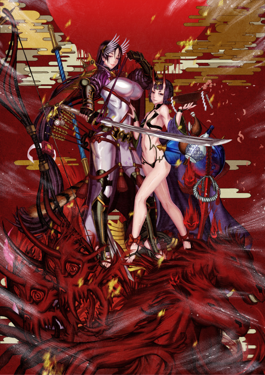 2girls barefoot barefoot_sandals_(jewelry) bob_cut bodysuit bow_(weapon) breasts commentary_request covered_navel cup edenfox fate/grand_order fate_(series) fingerless_gloves gloves headpiece highres holding holding_sword holding_weapon horns japanese_clothes katana kimono large_breasts long_hair looking_at_viewer low-tied_long_hair minamoto_no_raikou_(fate) multiple_girls oni open_clothes open_kimono parted_bangs photoshop_(medium) purple_bodysuit purple_eyes purple_hair purple_kimono revealing_clothes ribbed_sleeves rope sakazuki short_eyebrows short_hair shuten_douji_(fate) skin-covered_horns small_breasts smile standing sword very_long_hair weapon