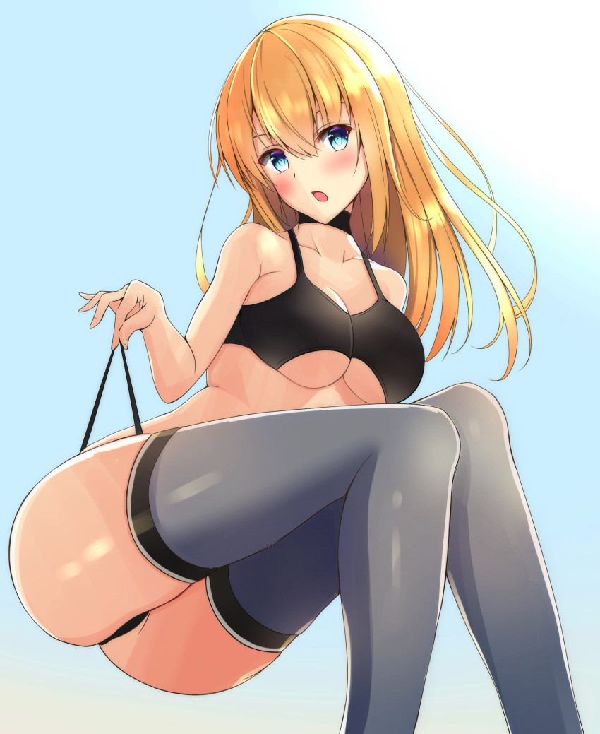 alternate_costume bikini bismarck_(kancolle) black_bikini blonde_hair blue_eyes blush breasts commentary_request female gradient_background grey_thighhighs hair_between_eyes highres kantai_collection large_breasts long_hair looking_at_viewer open_mouth solo swimsuit thighhighs toyomi_13