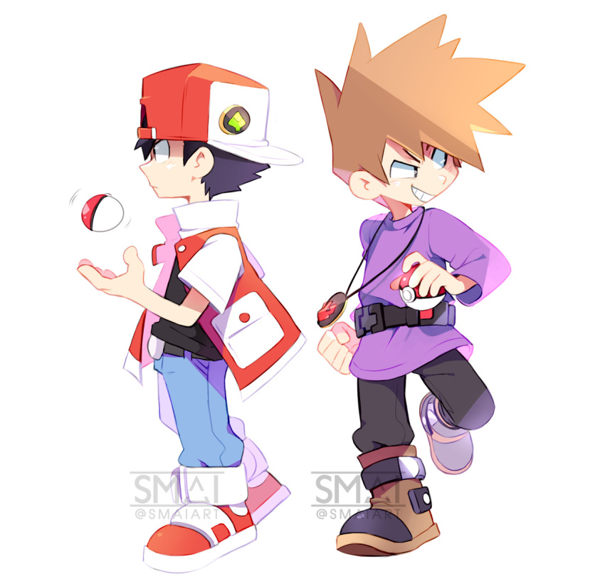 2boys backwards_hat belt black_hair boots brown_hair chibi clenched_hand denim gen_1_pokemon grin hat highres jacket jeans jewelry male_focus multiple_boys ookido_green open_clothes open_jacket pants pendant poke_ball poke_ball_(generic) pokemon pokemon_(game) pokemon_rgby pokemon_trainer purple_sweater red_(pokemon) sami_briggs shoes short_hair smile sneakers spiked_hair sweater white_background