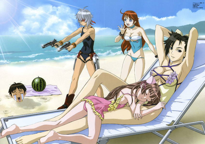 1boy 4girls amy_(bakuretsu_tenshi) animaga animal_ears aoki_tomoyuki aqua_bikini aqua_choker aqua_eyes armpits arms_up artist_name ass bakuretsu_tenshi bare_arms bare_legs bare_shoulders barefoot beach bikini black_eyes black_hair blanket blindfold blue_sky boots breasts brown_hair casual_one-piece_swimsuit choker cleavage closed_eyes closed_mouth cloud cloudy_sky collaboration cowboy_boots crying day everyone feet flat_chest food frilled_one-piece_swimsuit frills fruit furrowed_brow grey_hair gun handgun highres holster horiuchi_osamu horizon jo_(bakuretsu_tenshi) kai_keiko large_breasts legs long_bangs long_hair lowleg lowleg_bikini lying meg_(bakuretsu_tenshi) multiple_girls non-web_source ocean official_art one-piece_swimsuit open_mouth orange_hair outdoors pink_one-piece_swimsuit scan scan_artifacts seductive_smile sei_(bakuretsu_tenshi) short_hair sky sleeping sleeping_on_person smile smoke smoking_barrel standing strapless strapless_bikini streaming_tears suikawari swimsuit tachibana_kyohei tankini tears underboob very_short_hair watermelon waves weapon