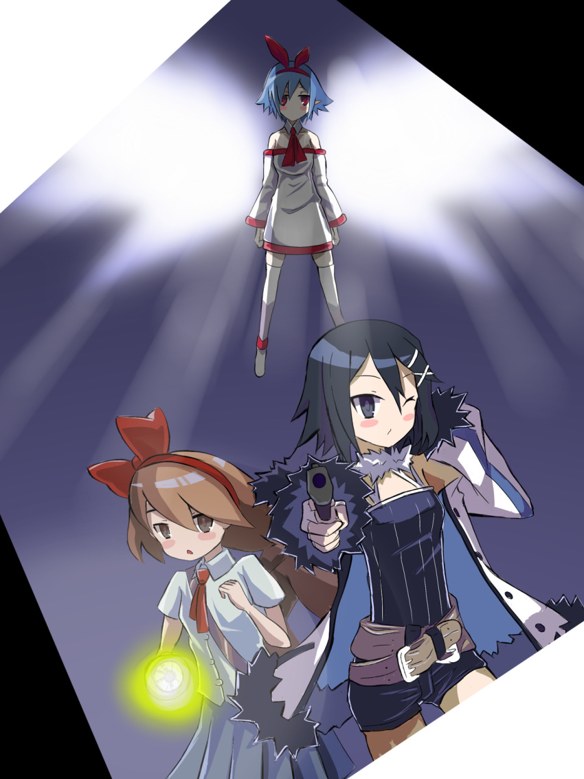 3girls :< aiming aiming_at_viewer asagiri_asagi bare_shoulders belt black_eyes black_hair black_legwear black_shirt blush_stickers bow braid brown_hair closed_mouth coat collar commentary detached_sleeves disgaea dress dress_shirt expressionless flashlight fur_trim gun hair_between_eyes hair_ornament hairband hairbow handgun highres jitome light light_rays long_hair looking_at_viewer makai_wars multiple_girls necktie nippon_ichi open_mouth pale_skin pleinair ponytail protagonist_(yomawari) red_eyes red_hairband red_necktie ribbed_shirt shirt short_hair shorts thighhighs toorisugari_no_seiginomikata weapon white_coat white_dress white_footwear white_legwear white_shirt wings yomawari yomawari_(series) zettai_ryouiki