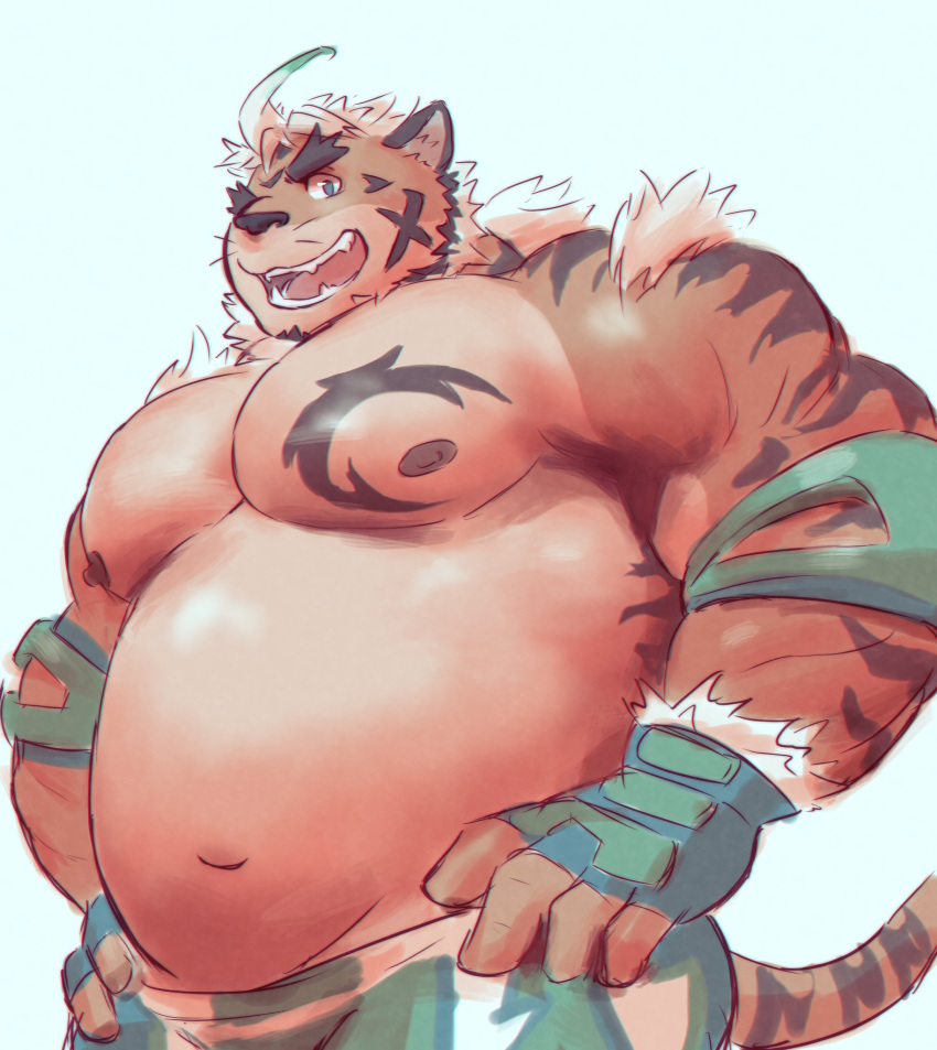 2019 anthro bottomwear clothing countershading episode0006 felid fur green_eyes hi_res hombre_tigre_(tas) lifewonders male mammal multicolored_body multicolored_fur musclegut muscular navel nipples orange_body orange_fur overweight overweight_anthro overweight_male pantherine pecs solo striped_body striped_fur stripes tan_body tan_fur tiger tokyo_afterschool_summoners two_tone_body two_tone_fur