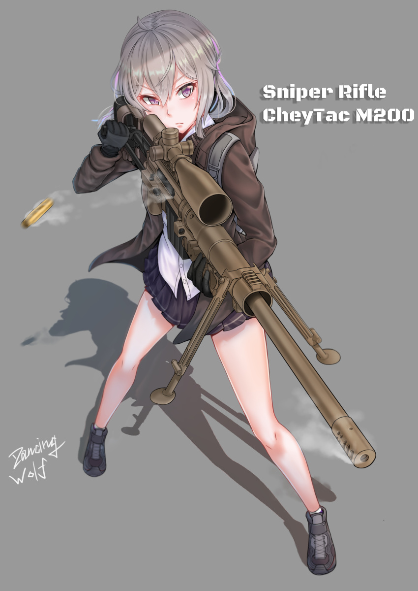 absurdres ahoge bipod bolt_action cheytac_m200 commentary dancing_wolf english_commentary english_text female full_body girls'_frontline gloves gun highres hood hood_down hooded_jacket jacket m200_(girls'_frontline) motion_blur purple_eyes rifle scope shadow signature simple_background smoke sniper_rifle solo weapon white_hair