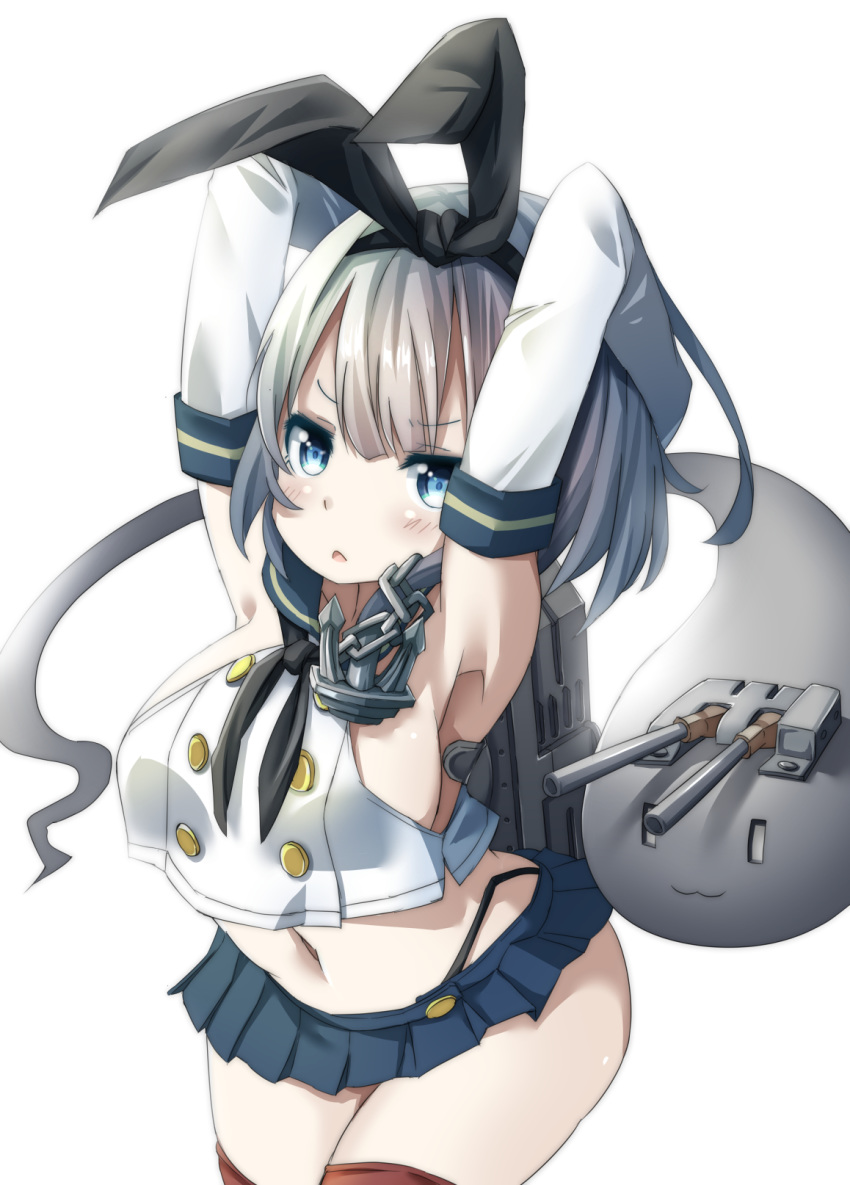 alternate_breast_size anchor_hair_ornament armpits arms_up blue_eyes bob_cut breasts chains commentary_request cosplay elbow_gloves female gloves hair_ornament highres kantai_collection konpaku_youmu konpaku_youmu_(ghost) large_breasts microskirt navel pegashi rensouhou-chan rensouhou-chan_(cosplay) rigging shimakaze_(kancolle) shimakaze_(kancolle)_(cosplay) short_hair skirt thighhighs thong touhou white_background white_gloves white_hair