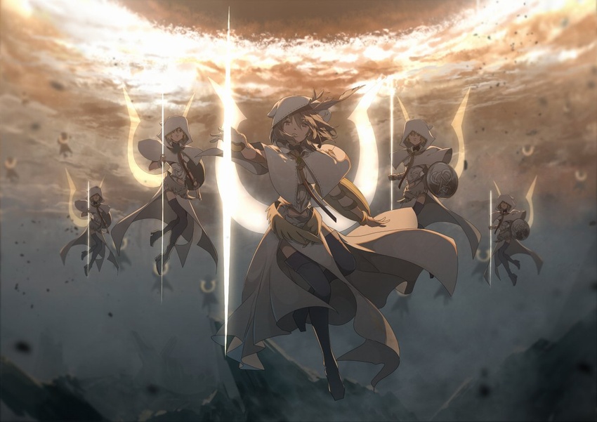 6+girls blonde_hair boots capelet cloud cloudy_sky commentary fate/grand_order fate_(series) flying full_body head_wings high_heel_boots high_heels hood hood_up long_hair looking_at_viewer mono_(freerotary) mountain multiple_girls open_mouth outstretched_arm parted_lips polearm red_eyes shield short_hair silhouette sky spear thigh_boots thighhighs valkyrie valkyrie_(fate) weapon wings