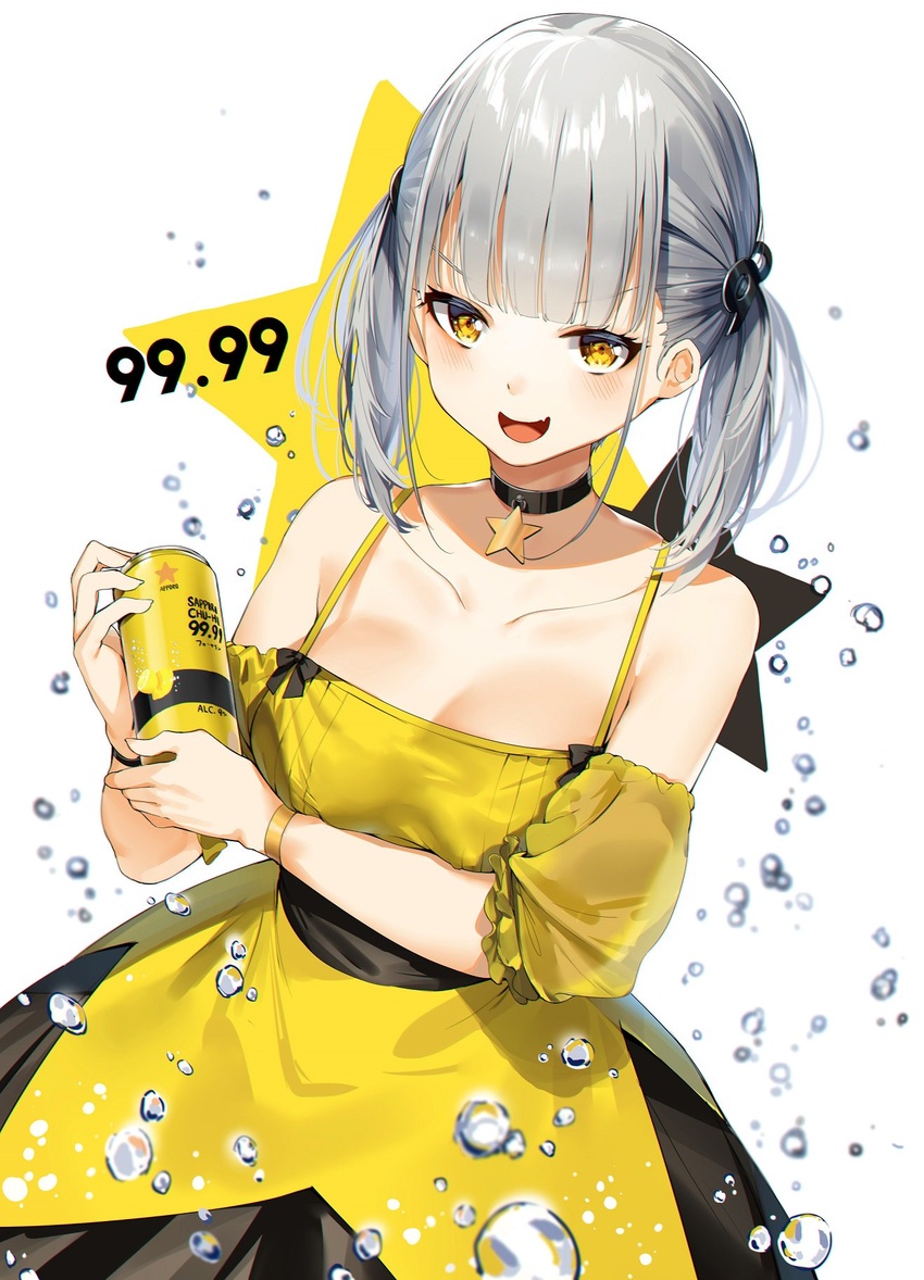 alcohol bare_shoulders black_choker blunt_bangs breasts bubble can choker chu-hi collarbone commentary detached_sleeves dress female grey_hair highres holding holding_can looking_at_viewer low_twintails medium_breasts original orihi_chihiro personification sapporo_beer short_hair simple_background solo star_(symbol) twintails upper_body yellow_dress yellow_eyes