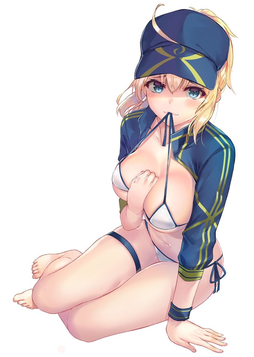 ahoge artoria_pendragon_(all) baseball_cap between_breasts bikini bikini_in_mouth blonde_hair blue_eyes blue_headwear blush breasts cleavage collarbone fate/grand_order fate_(series) female hair_between_eyes hair_through_headwear hand_between_breasts hat highres large_breasts long_hair looking_at_viewer mysterious_heroine_xx_(foreigner) navel ponytail shrug_(clothing) side-tie_bikini simple_background sitting solo suigetsu_(hjs1106) swimsuit thigh_strap untied untied_bikini white_background white_bikini yokozuwari