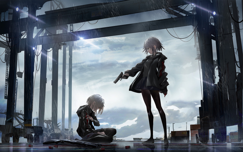 2girls aiming black_footwear black_jacket black_legwear black_shirt black_skirt blood blood_splatter blue_eyes cloud cloudy_sky commentary container crane_(machine) day dripping finger_on_trigger glock grey_hair gun hair_between_eyes handgun harbor highres holding holding_gun holding_own_arm holding_weapon jacket ladder mossberg_590 multiple_girls open_clothes open_jacket original outdoors pantyhose photoshop_(medium) pleated_skirt profile rain reflection serious shirt shoes shotgun shotgun_shell sitting skirt sky sneakers standing swav weapon