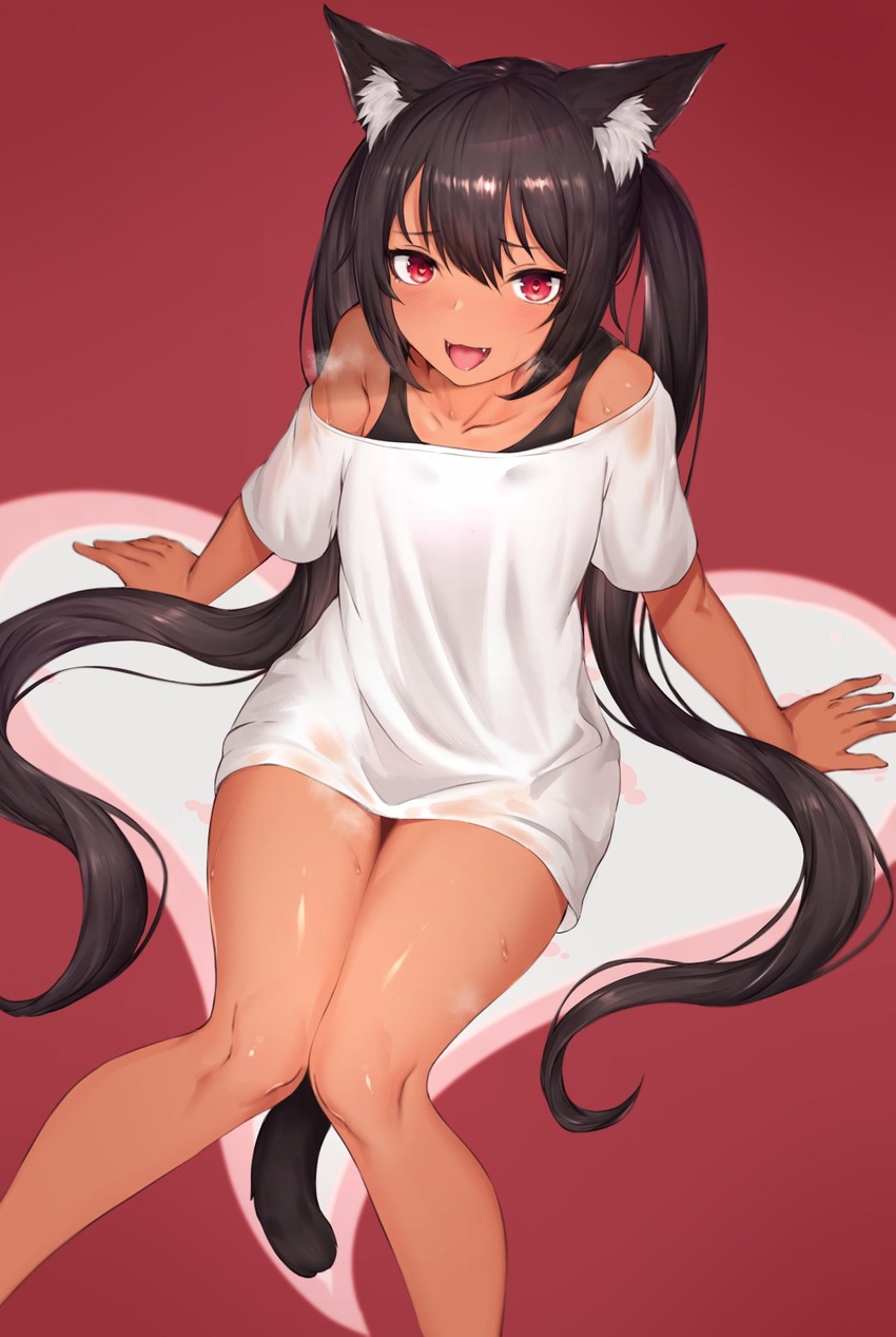 animal_ear_fluff animal_ears bad_id bad_twitter_id bare_shoulders blush breasts cat_ears cat_tail collarbone commentary dark-skinned_female dark_skin fangs feet_out_of_frame female hair_between_eyes heart heart-shaped_pupils highres long_hair looking_at_viewer mathew_(srmmk_mce) no_pants open_mouth original red_background red_eyes shirt sitting small_breasts smile solo symbol-only_commentary symbol-shaped_pupils tail thighs very_long_hair white_shirt