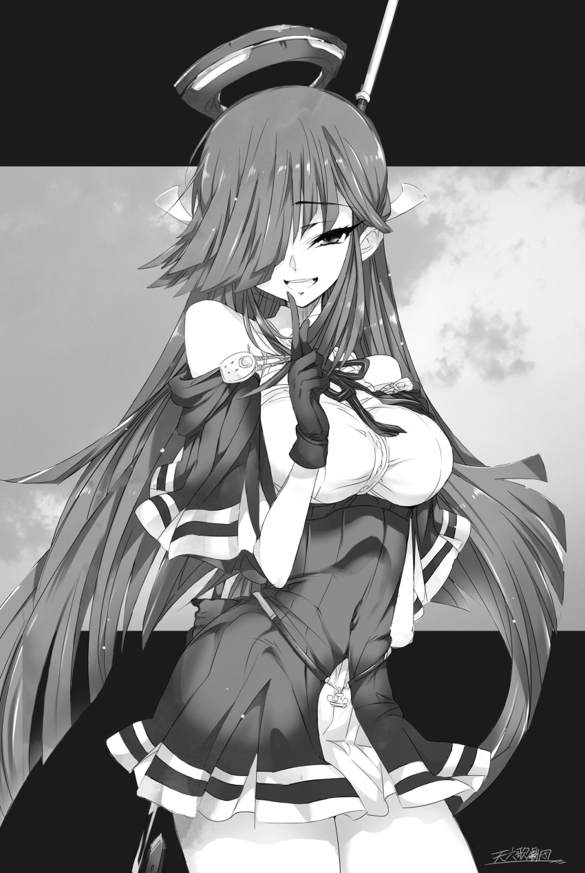 absurdres breasts commentary_request cosplay dress female finger_to_mouth gloves greyscale hair_over_one_eye halo hayashimo_(kancolle) highres kantai_collection kugimiya_atsuki long_hair mechanical_halo medium_breasts monochrome polearm short_dress signature solo tatsuta_(kancolle) tatsuta_(kancolle)_(cosplay) very_long_hair weapon