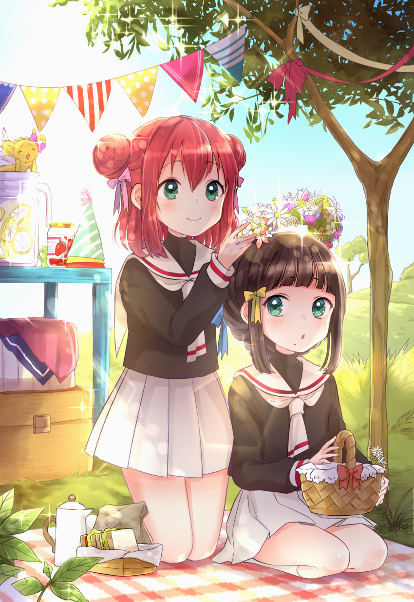 2girls backlighting bad_id bad_pixiv_id bag basket blanket brown_hair cardcaptor_sakura coffee_pot commentary_request cosplay daidouji_tomoyo daidouji_tomoyo_(cosplay) day double_bun flower flower_wreath food fruit full_body grass green_eyes hair_bun hair_ribbon hat head_wreath highres holding holding_basket holding_wreath jar kazepana kero_(cardcaptor_sakura) kero_(cardcaptor_sakura)_(cosplay) kinomoto_sakura kinomoto_sakura_(cosplay) kneehighs kneeling kurosawa_dia kurosawa_ruby lemon lemon_slice long_sleeves love_live! love_live!_sunshine!! miniskirt mole mole_under_mouth multiple_girls ohara_mari outdoors paper_bag party_hat picnic picnic_basket plaid_blanket pleated_skirt red_hair ribbon sandwich school_uniform seiza serafuku siblings sisters sitting skirt sky smile socks sparkle string_of_flags table tomoeda_elementary_school_uniform tree white_skirt