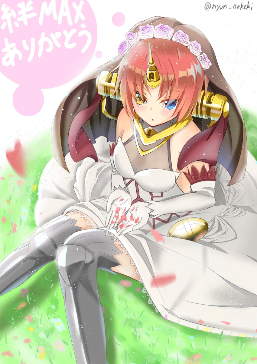 :o black_thighhighs black_veil blue_eyes blush breasts cleavage commentary_request dress elbow_gloves eyes_visible_through_hair fate/apocrypha fate/grand_order fate_(series) female flower frankenstein's_monster_(fate) gloves grass hair_flower hair_ornament hair_over_eyes headgear heterochromia highres horns mechanical_horns nyoon on_ground petals pink_flower pink_hair pink_rose rose see-through see-through_cleavage short_hair single_horn sitting small_breasts solo thighhighs twitter_username veil wedding_dress white_dress white_gloves yellow_eyes