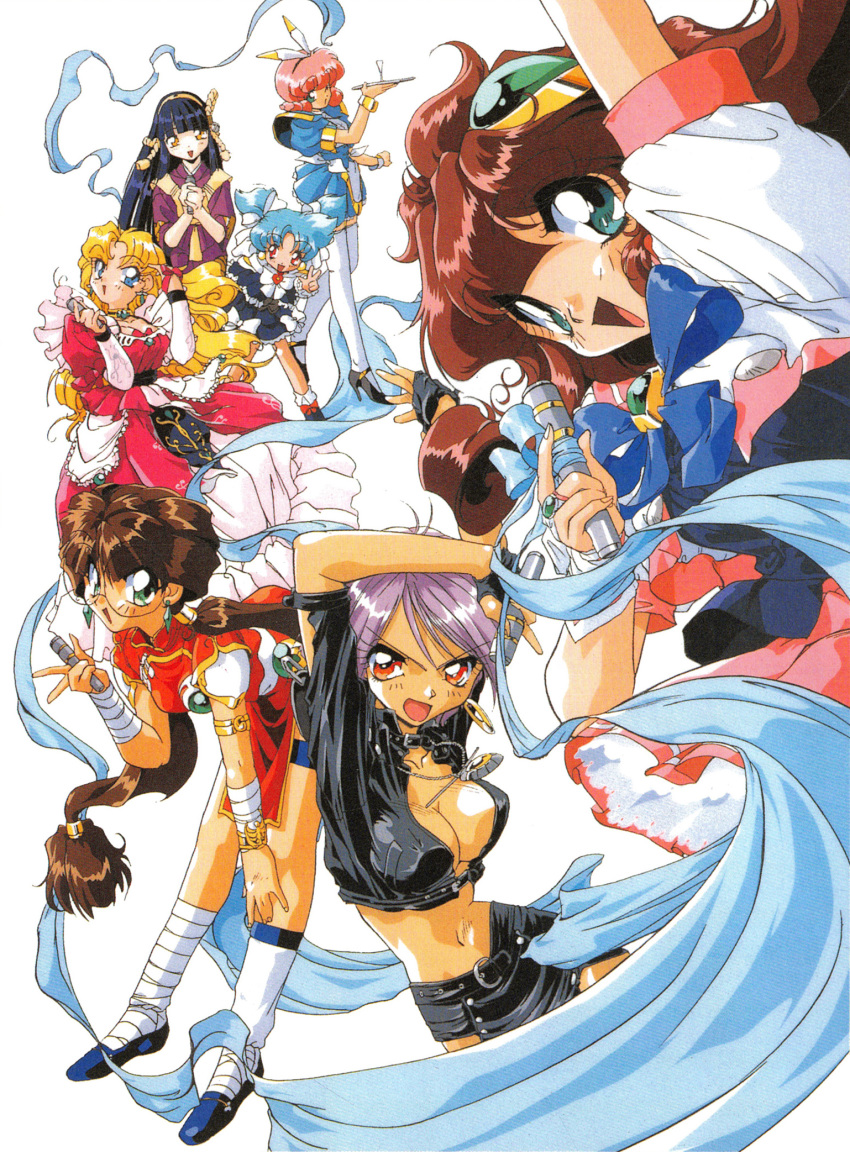 1990s_(style) 6+girls aqua_eyes arm_strap arm_up bandaged_arm bandaged_leg bandages bent_over black_hair black_skirt blonde_hair blue_eyes blue_hair blunt_bangs breasts brown_hair china_dress chinese_clothes choker cleavage corvette_hiyards dress earrings fingerless_gloves gloves green_eyes hair_ornament hair_ribbon hairband high_heels highres holding holding_microphone hoop_earrings idol_project jewelry kaidou_extra long_hair long_sleeves looking_at_viewer medium_breasts microphone midriff mimu_emilton multiple_girls navel non-web_source official_art open_mouth own_hands_together photoshop_(medium) pink_hair purple_hair ranrang_palpu red_eyes retro_artstyle ribbon rimless_eyewear round_eyewear ruka_essenpolka sash scan short_hair short_sleeves simmons_layla-b. simple_background skirt suzukaze_shion suzuki_noritaka thighhighs twintails v very_long_hair white_background white_legwear yellow_eyes