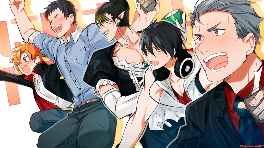 4boys alcohol black_eyes black_hair black_jacket blue_eyes blue_necktie blue_pants blue_shirt blush commentary crossdressing cup denim earrings elbow_gloves eyeliner female formal gloves green_lips grey_eyes grey_hair grin hanabatake_chaika hanabatake_chaika_(1st_costume) headphones headphones_around_neck highres holding holding_cup jacket jeans jewelry maid maimoto_keisuke makeup multiple_boys nakao_azuma necktie nijisanji ninahachi open_mouth orange_hair pants pointy_ears puffy_short_sleeves puffy_sleeves red_eyes red_shirt rice round_teeth saliva shirt short_sleeves sleeveless smile striped striped_suit suit teeth vertical_stripes virtual_youtuber white_jacket white_shirt yashiro_kizuku yumeoi_kakeru