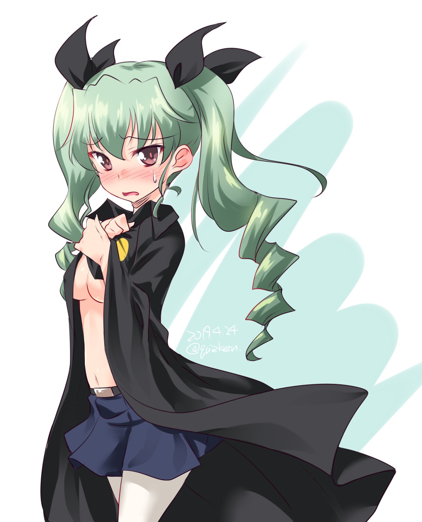 anchovy_(girls_und_panzer) anzio_school_uniform belt black_belt black_cape black_ribbon black_skirt blush breasts cape cape_tug commentary covering_breasts covering_privates cowboy_shot dated drill_hair embarrassed female frown girls_und_panzer green_hair hair_ribbon highres kuzuryuu_kennosuke long_hair looking_at_viewer medium_breasts miniskirt navel one-hour_drawing_challenge open_mouth pantyhose pleated_skirt red_eyes ribbon school_uniform skirt solo standing sweatdrop topless twin_drills twintails twitter_username white_background white_pantyhose