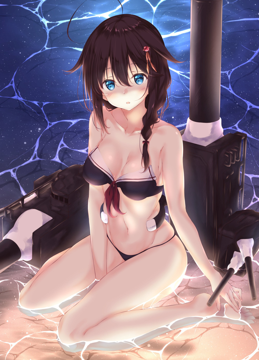 :o absurdres ahoge bad_id bad_twitter_id barefoot bikini black_bikini blue_eyes blush braid breasts cannon cleavage collarbone commentary_request female groin hair_between_eyes hair_flaps hair_ornament hair_over_shoulder hair_ribbon highres kantai_collection kerchief long_hair looking_at_viewer navel neckerchief numpopo open_mouth red_neckerchief ribbon rigging ripples shigure_(kancolle) shigure_kai_ni_(kancolle) sidelocks single_braid sitting smile solo stomach strapless strapless_bikini swimsuit toned turret wariza water