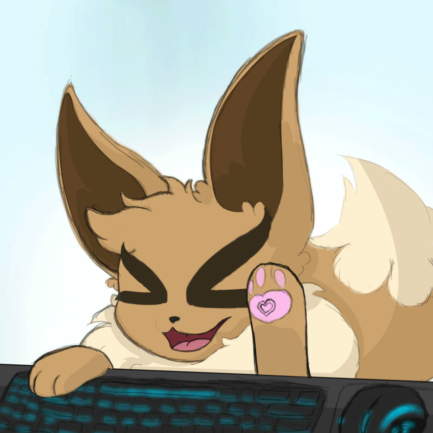 >_< 1:1 2_frame_animation 2d_animation 3_toes absurd_res allbadbadgers ambiguous_gender animated brown_body brown_fur chest_tuft closed_eyes conditional_dnp dipstick_tail ears_up eevee feet fluffy fur generation_1_pokemon heart_symbol hi_res keyboard long_ears mammal markings mouse multicolored_tail murid murine nintendo open_mouth pawpads pink_pawpads pokemon pokemon_(species) rodent short_playtime snout solo tail tail_markings tan_body tan_fur toes tongue tuft