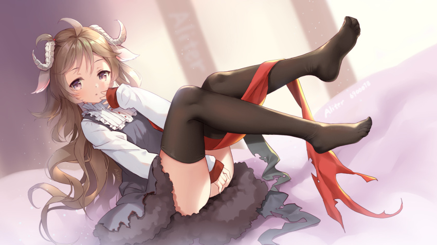 :o ahoge aliter animal_ears arknights artist_name ass between_legs blurry blurry_background blush brown_eyes brown_hair brown_thighhighs commentary_request curled_horns depth_of_field dress dutch_angle eyjafjalla_(arknights) feet female fur-trimmed_dress fur_trim grey_dress hand_between_legs hand_to_own_mouth hand_up highres horns legs_up long_hair long_sleeves looking_at_viewer no_shoes one_side_up parted_lips shirt sidelocks signature sleeveless sleeveless_dress sleeves_past_wrists solo thighhighs very_long_hair white_shirt