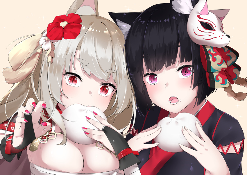 2girls absurdres animal_ear_fluff animal_ears azur_lane baozi black_hair blunt_bangs breasts bridal_gauntlets budget_sarashi cat_ears claw_pose cleavage commentary_request cotton_kanzaki dog_ears eating flower food food_in_mouth food_on_face fox_mask grey_hair hair_flower hair_ornament highres holding holding_food large_breasts long_hair looking_at_viewer mask mask_on_head multiple_girls nail_polish official_alternate_costume open_mouth purple_eyes red_eyes red_nails sarashi short_hair sidelocks slit_pupils tassel thick_eyebrows yamashiro_(azur_lane) yuudachi_(azur_lane) yuudachi_(shogun_of_snowballs)_(azur_lane)