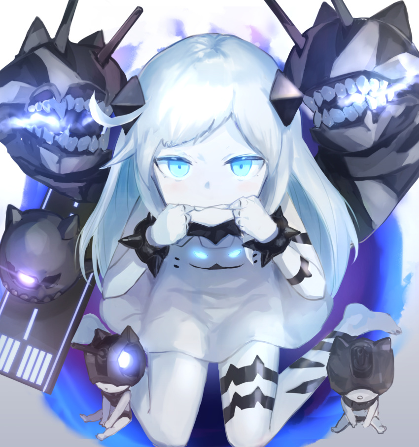 abyssal_ship bad_id bad_pixiv_id barefoot blue_eyes bracelet colored_skin commentary_request dress female glowing glowing_eyes highres horns jewelry kantai_collection long_hair looking_at_viewer northern_little_sister simple_background sitting solo spiked_bracelet spikes turret wariza weasel_(close-to-the-edge) white_background white_dress white_hair white_skin