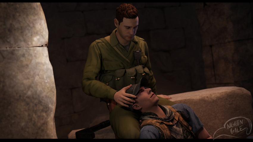 2boys brown_eyes brown_hair enemies_to_lovers friendship house_of_ashes jason_kolchek light-skinned_male light_skin looking_up_at_partner male/male male_focus male_pov namco namco_bandai nightin_galez salim_othman soldiers supermassive_games tan_skin tan_skinned_male the_dark_pictures_anthology yaoi