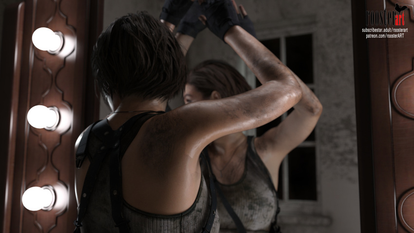 16:9 16:9_aspect_ratio 1girls 3d 3d_(artwork) 4k brown_hair dirty dirty_clothing dirty_skin female fingerless_gloves gloves indoors jill_valentine jill_valentine_(sasha_zotova) lights looking_away medium_hair mirror mirror_reflection necklace nsfw_version_available patreon patreon_username reflection resident_evil roosterart shoulders standing subscribestar subscribestar_username video_game video_game_character video_game_franchise window