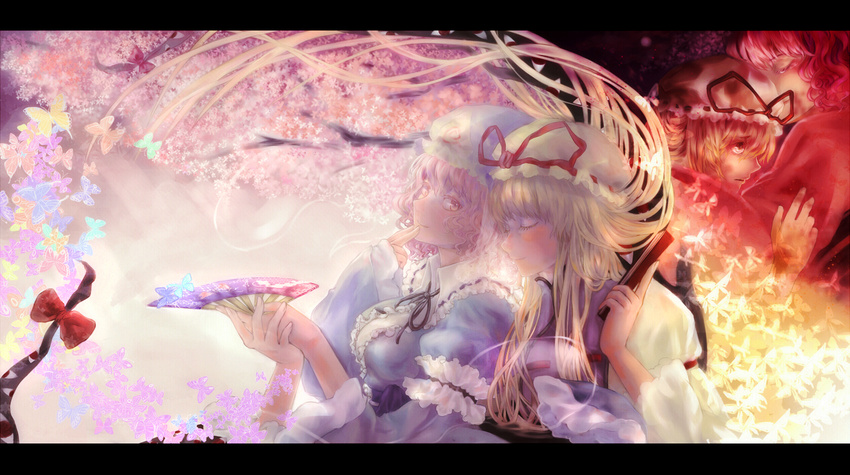 2girls bad_id bad_pixiv_id blonde_hair bug butterfly cherry_blossoms closed_eyes dual_persona finger_to_mouth flower folded_fan folding_fan gap_(touhou) hand_fan hand_on_own_face hat highres holding holding_fan holding_hands hug jyuui letterboxed light_smile long_hair multiple_girls photoshop_(medium) pink_eyes pink_hair saigyouji_yuyuko saigyouji_yuyuko's_fan_design saigyouji_yuyuko_(living) shippou_(pattern) short_hair tears touhou tree yakumo_yukari