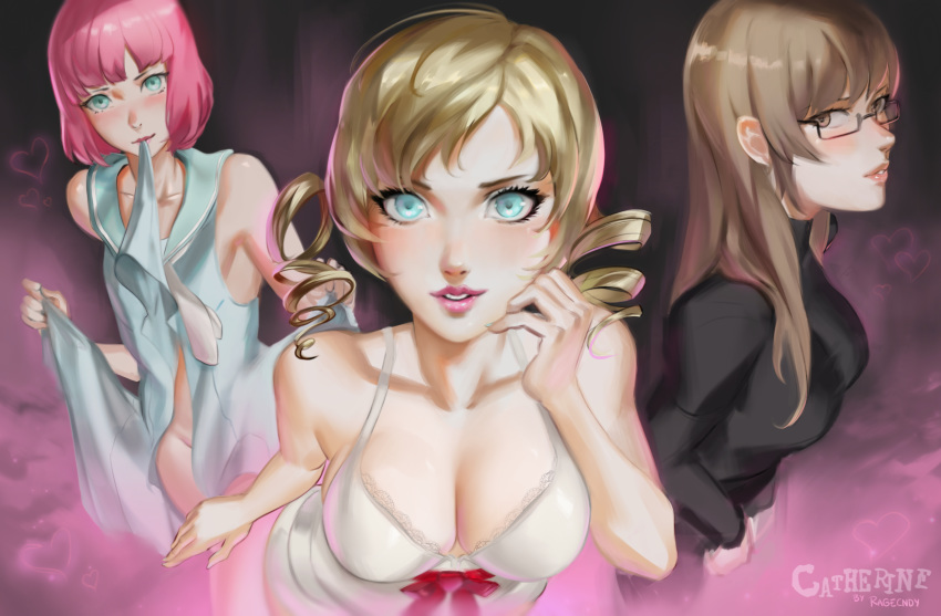 1boy 2girls absurdres artist_name blonde_hair blue_eyes blush breasts brown_eyes brown_hair catherine catherine:_full_body catherine_(game) cleavage commentary copyright_name drill_hair english_commentary glasses green_eyes heart highres katherine_mcbride long_hair looking_at_viewer multiple_girls otoko_no_ko pink_hair ragecndy rin_(catherine) short_hair