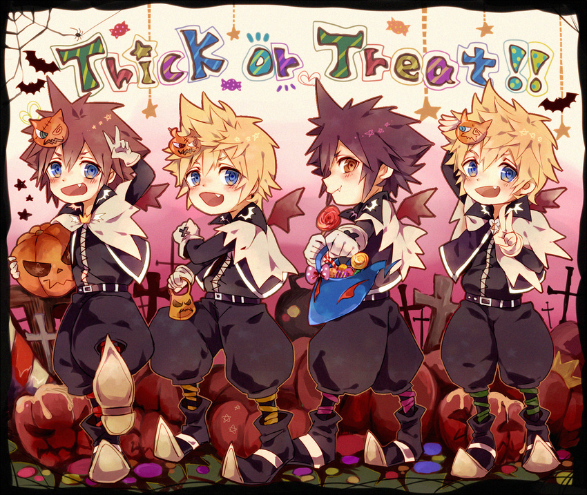 4boys alternate_costume bad_id bad_pixiv_id bat_(animal) black_hair blonde_hair blue_eyes bow brown_hair candy commentary_request cosplay cross flood_(kingdom_hearts) food gloves halloween jack-o'-lantern kingdom_hearts lollipop looking_at_viewer male_focus mask multiple_boys oerba_yun_fang official_alternate_costume open_mouth pinko_(inazume-panko) pumpkin roxas smile sora_(halloween_town)_(kingdom_hearts) sora_(halloween_town)_(kingdom_hearts)_(cosplay) sora_(kingdom_hearts) spiked_hair spoilers standing trick_or_treat unversed v vanitas_(kingdom_hearts) ventus_(kingdom_hearts) wings