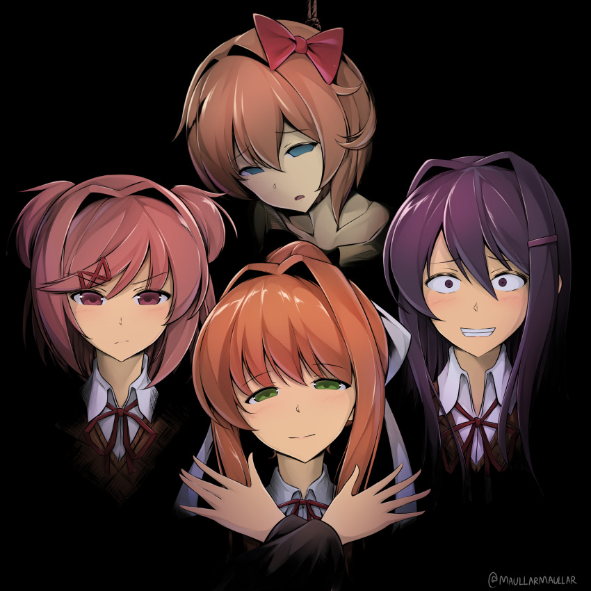 4girls :/ album_cover album_cover_redraw bohemian_rhapsody bow brown_hair commentary constricted_pupils cover crazy_eyes crossed_arms death derivative_work doki_doki_literature_club double_bun empty_eyes english_commentary green_eyes grin hair_bun hair_intakes hair_ornament hair_ribbon hairbow hairclip highres light_smile looking_at_viewer lyrics maullarmaullar monika_(doki_doki_literature_club) multiple_girls natsuki_(doki_doki_literature_club) noose parody pink_eyes pink_hair ponytail purple_eyes purple_hair queen_(band) ribbon rope sayori_(doki_doki_literature_club) school_uniform smile spoilers suicide swept_bangs x_hair_ornament yandere yuri_(doki_doki_literature_club)