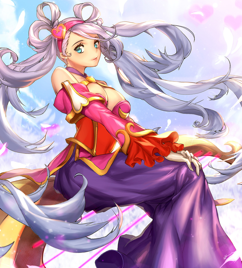 alternate_costume blue_eyes breasts chinese_commentary cleavage commentary_request detached_sleeves dress female frilled_sleeves frills gloves grey_hair hair_ornament hair_rings hairband heart heart_hair_ornament highres large_breasts league_of_legends long_dress long_hair looking_at_viewer nal_(nal's_pudding) photoshop_(medium) sitting solo sona_(league_of_legends) sweetheart_sona twintails very_long_hair white_gloves