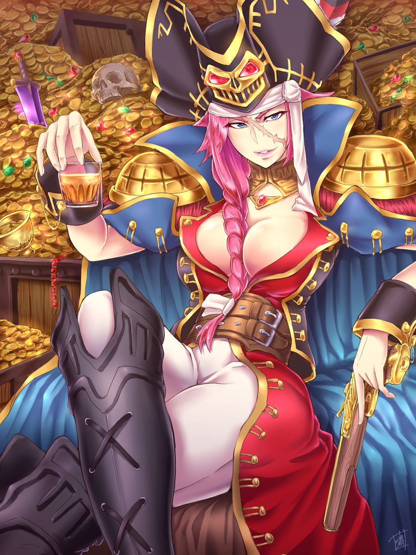 black_footwear blue_eyes boots braid breasts cape chalice cleavage commentary_request cup drinking_glass fate/extra fate/grand_order fate_(series) female francis_drake_(fate) francis_drake_(third_ascension)_(fate) gem gold gun hat highres holding holding_gun holding_weapon jewelry knee_boots large_breasts long_hair looking_at_viewer pink_hair pirate_hat scar shao_(newton) smile solo treasure_chest weapon