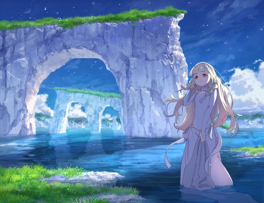 arch blonde_hair blue_sky blunt_bangs braid brown_eyes cliff closed_mouth cloud dandelion_seed dress female grass hair_ribbon hand_in_own_hair hand_up long_dress long_hair long_sleeves looking_afar maquia_(sayoasa) nature outdoors pippi_(pixiv_1922055) purple_dress ribbon ribbon_braid rock sayonara_no_asa_ni_yakusoku_no_hana_wo_kazarou side_braid skirt_hold sky smile solo standing tareme twin_braids wading water white_ribbon