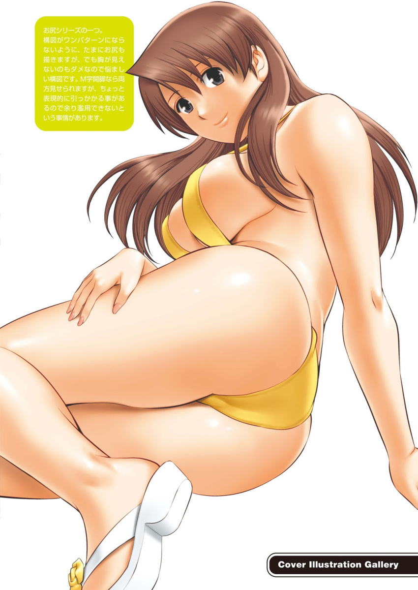 action_pizazz arm_support ass bare_shoulders bikini breasts brown_hair closed_mouth female fingernails grey_eyes highres lips long_hair looking_at_viewer medium_breasts saigado sandals sideboob simple_background solo swimsuit thighs translation_request white_background yellow_bikini